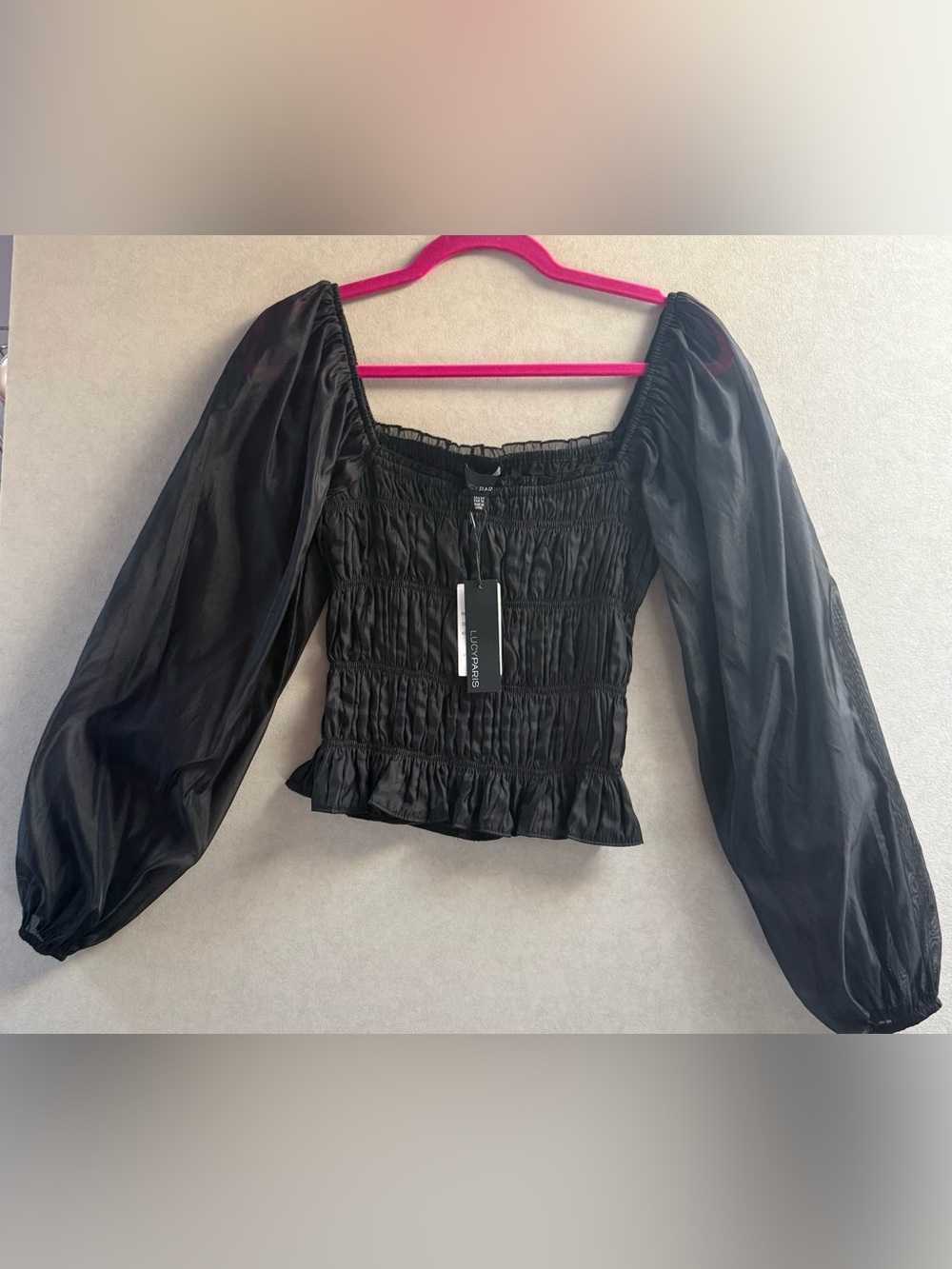 Lucy Paris Black Smocked Puff-Sleeve Top NWT